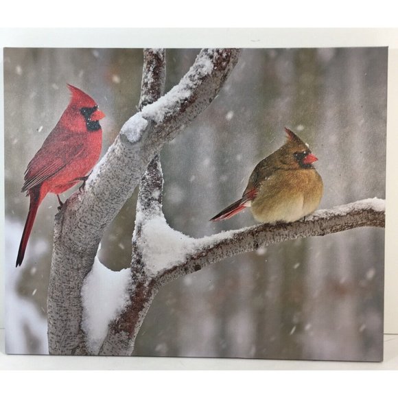 Canvas Picture Winter Cardinals On Branch Lighted LED Art Home Decor 17 x 13.75 - Picture 2 of 4